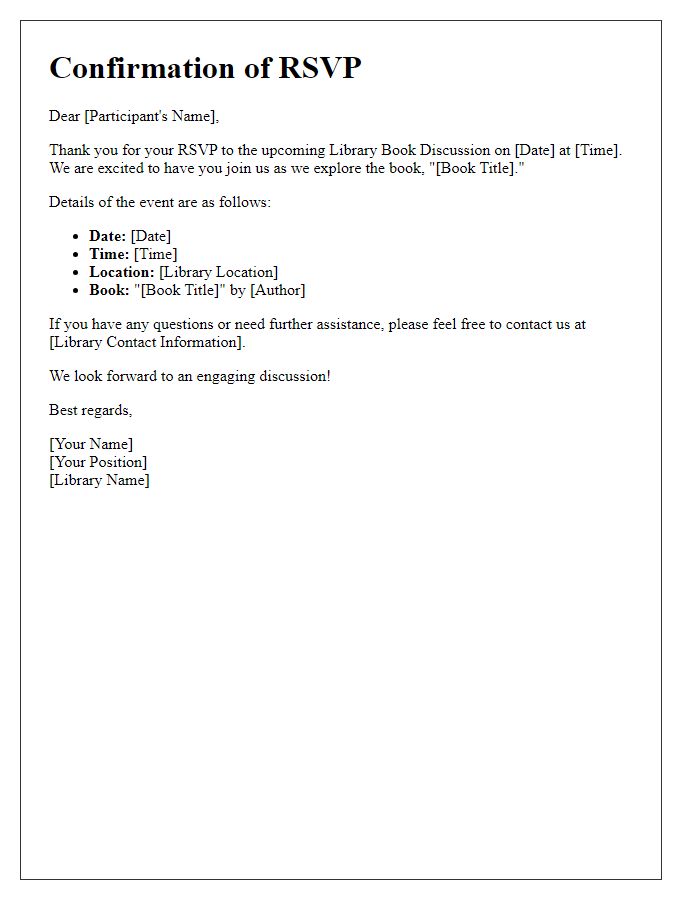 Letter template of confirmation for library book discussion RSVP.