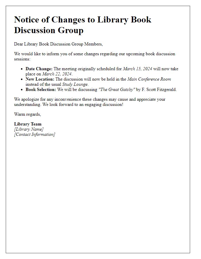 Letter template of notice for library book discussion group changes.