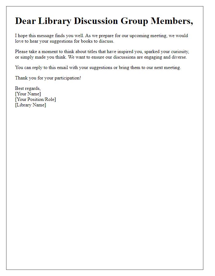 Letter template of request for book suggestions for library discussion group.