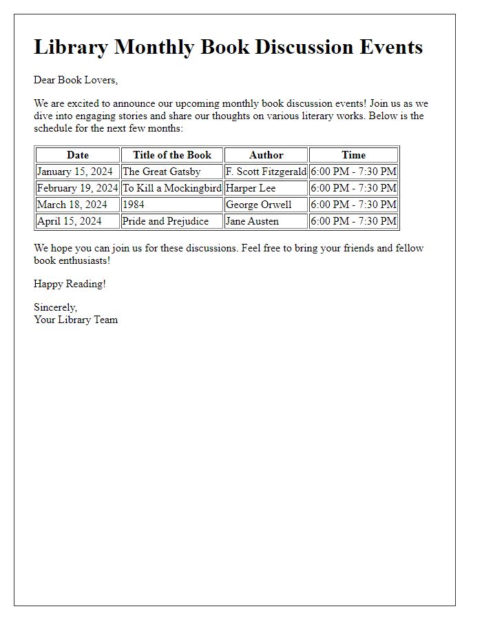 Letter template of schedule for monthly library book discussion events.