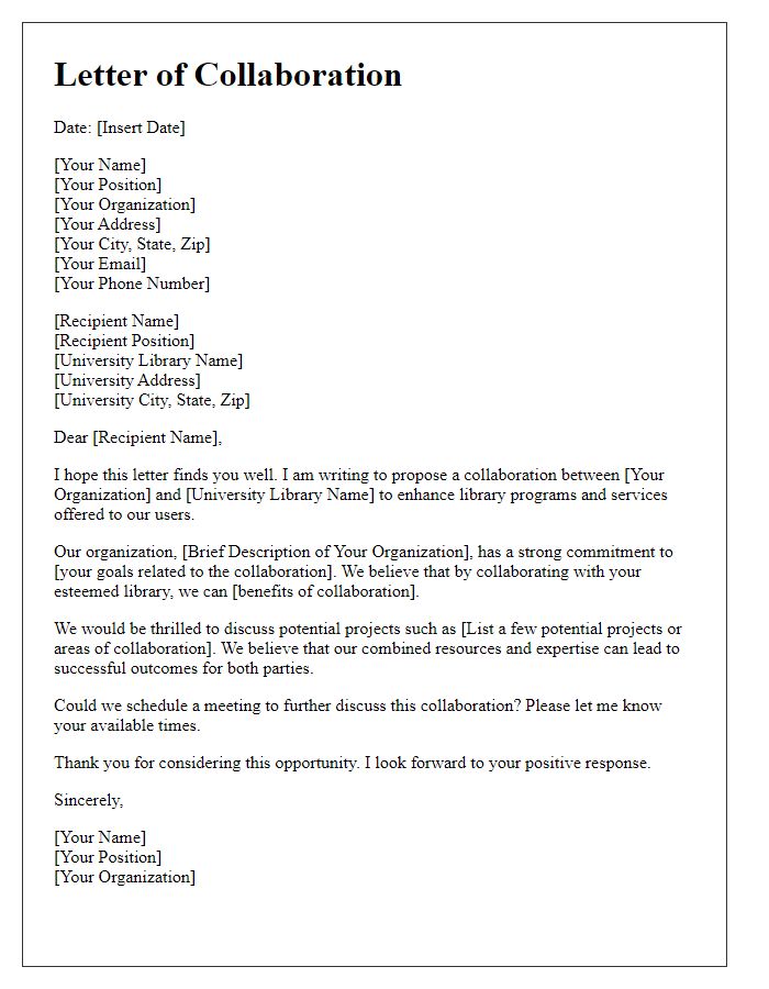 Letter template of collaboration with university library programs.