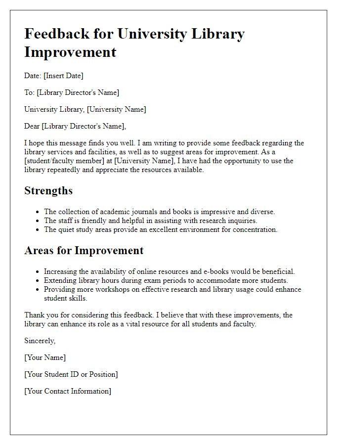 Letter template of feedback for university library improvement.