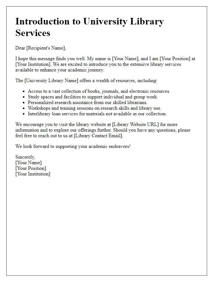 Letter template of introduction to university library services.