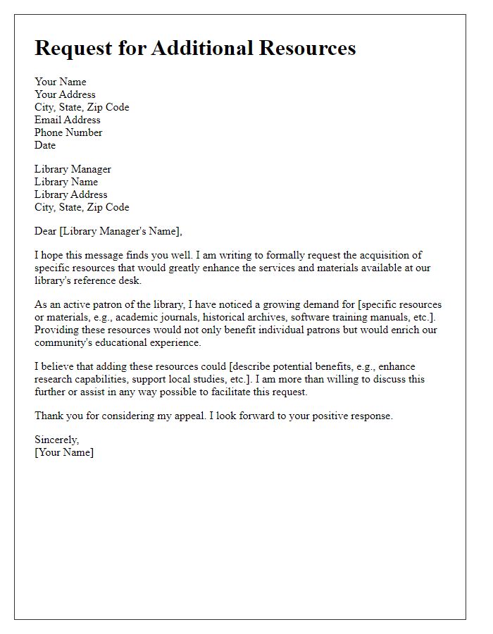 Letter template of appeal for specific resources at the library reference desk