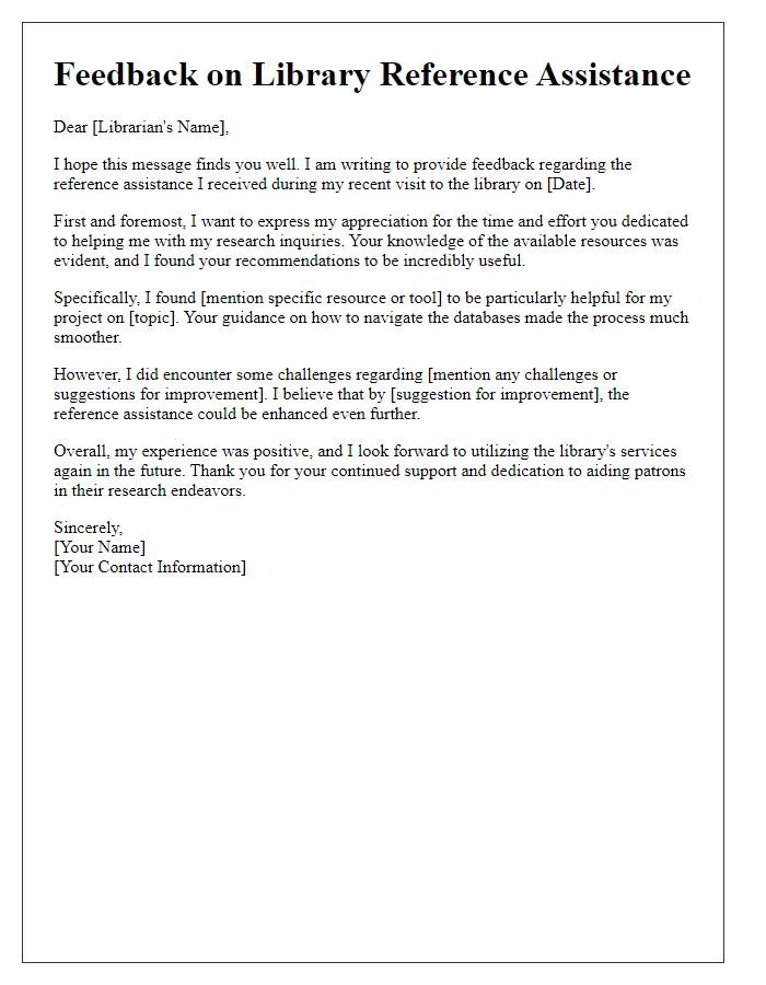 Letter template of feedback regarding library reference assistance