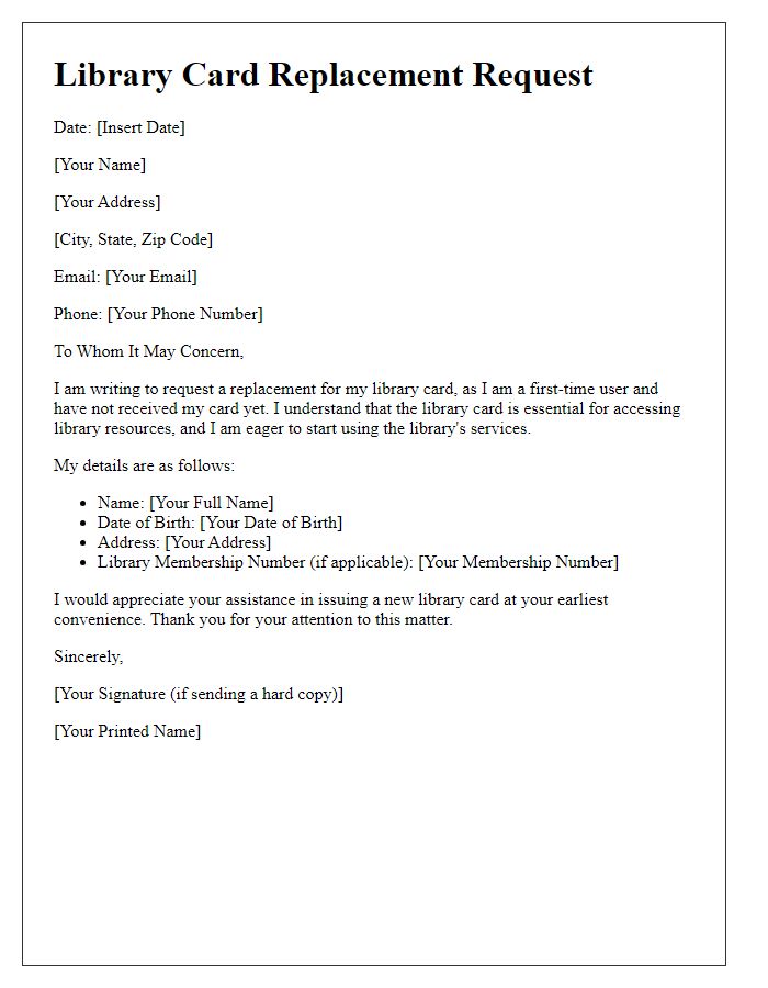 Letter template of library card replacement for first-time issue.