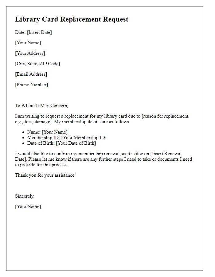 Letter template of library card replacement for membership renewal.