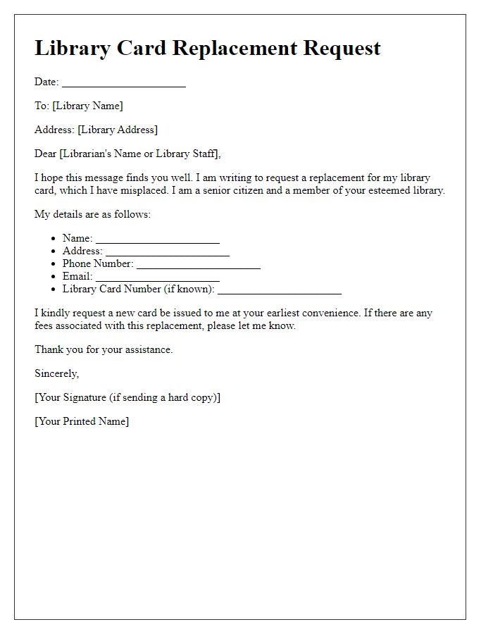 Letter template of library card replacement for senior citizen card.