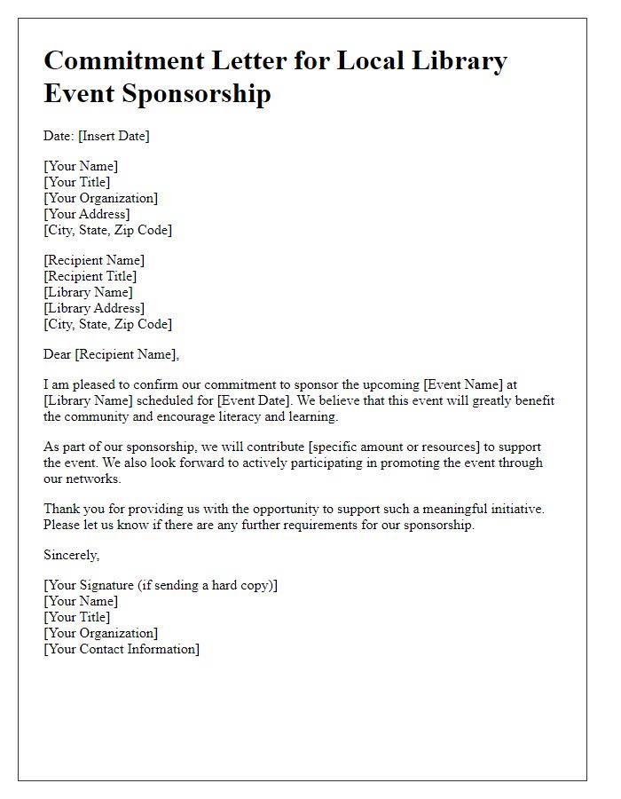 Letter template of commitment for local library event sponsorship