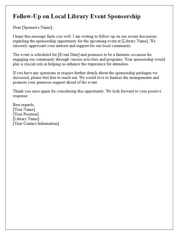 Letter template of follow-up on local library event sponsorship