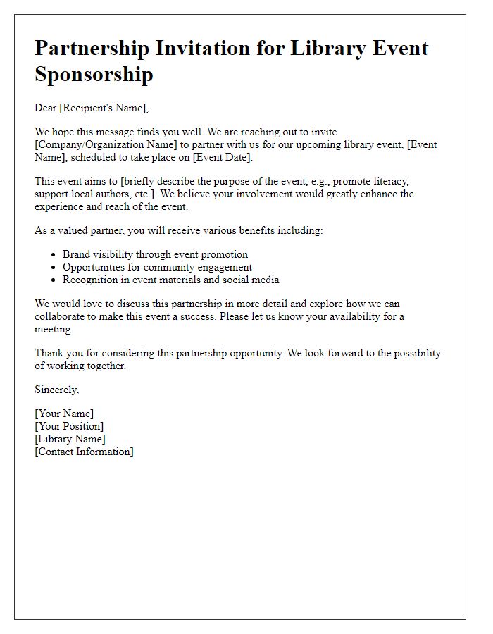 Letter template of partnership invitation for library event sponsorship