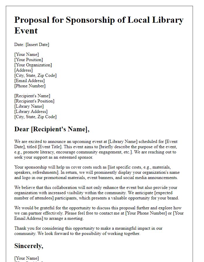 Letter template of proposal for local library event sponsorship