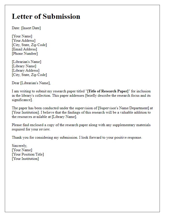 Letter template of academic research paper submission to library