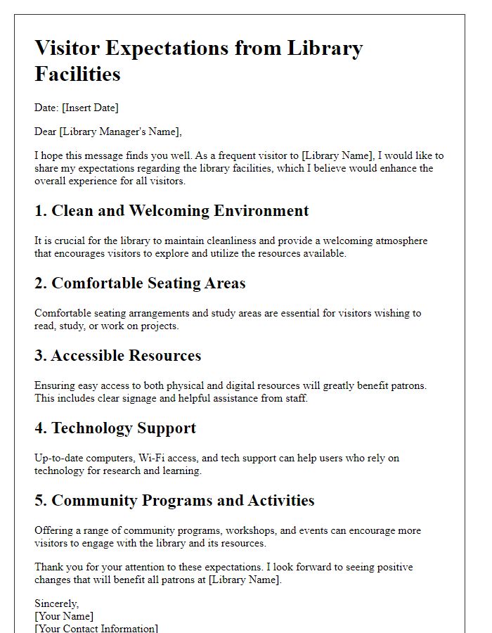 Letter template of visitor expectations from library facilities