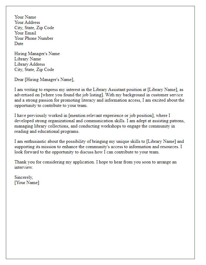 Letter template of application for library assistant role.