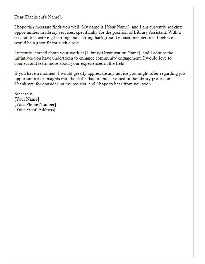 Letter template of networking for library assistant employment.