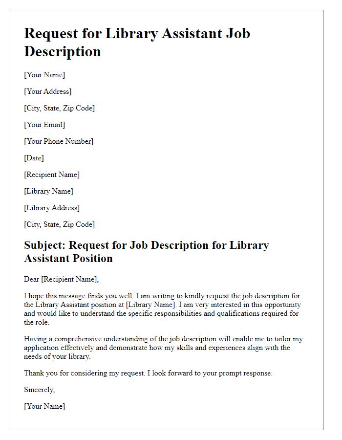 Letter template of request for library assistant job description.