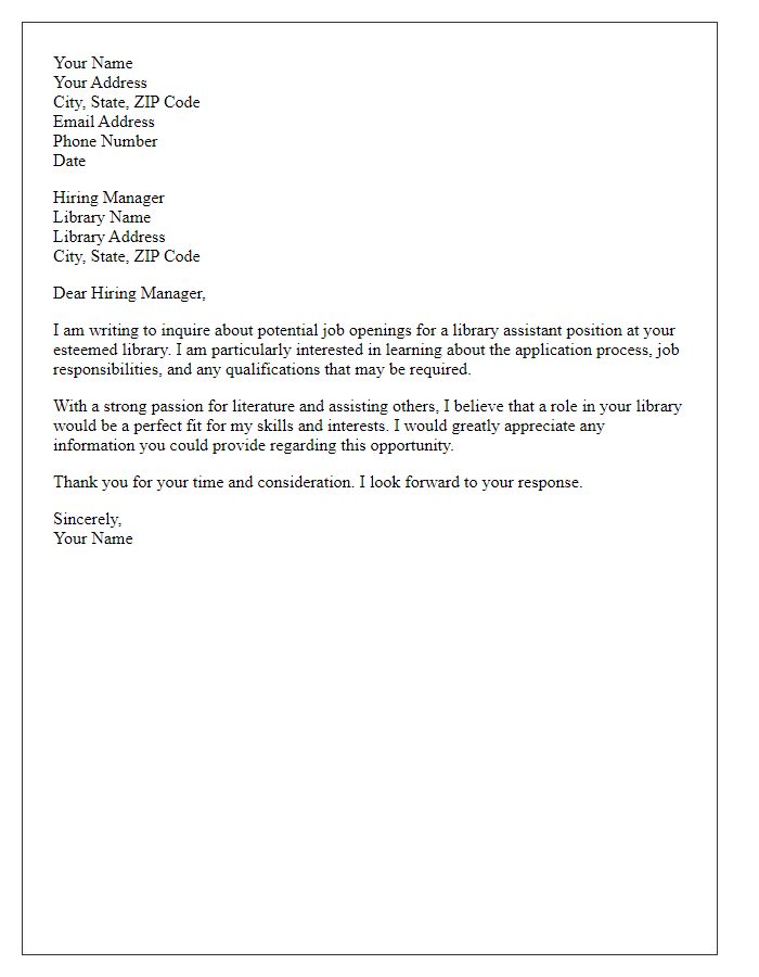 Letter template of request for library assistant job information.