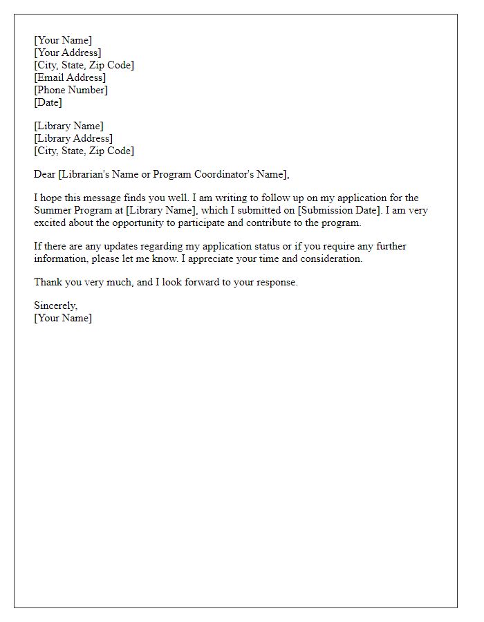 Letter template of follow-up on library summer program application