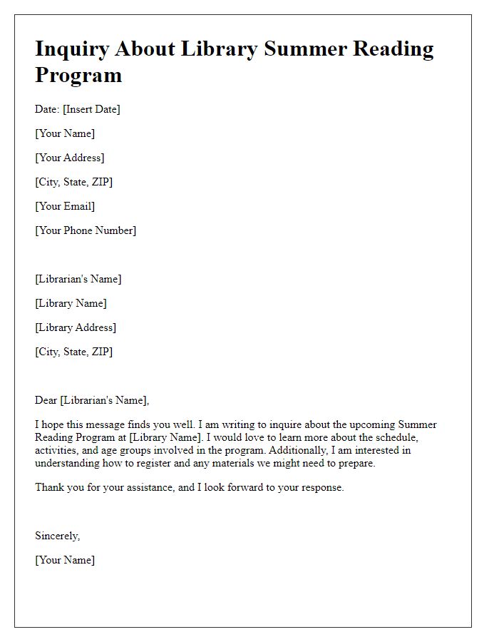 Letter template of inquiry about library summer reading program