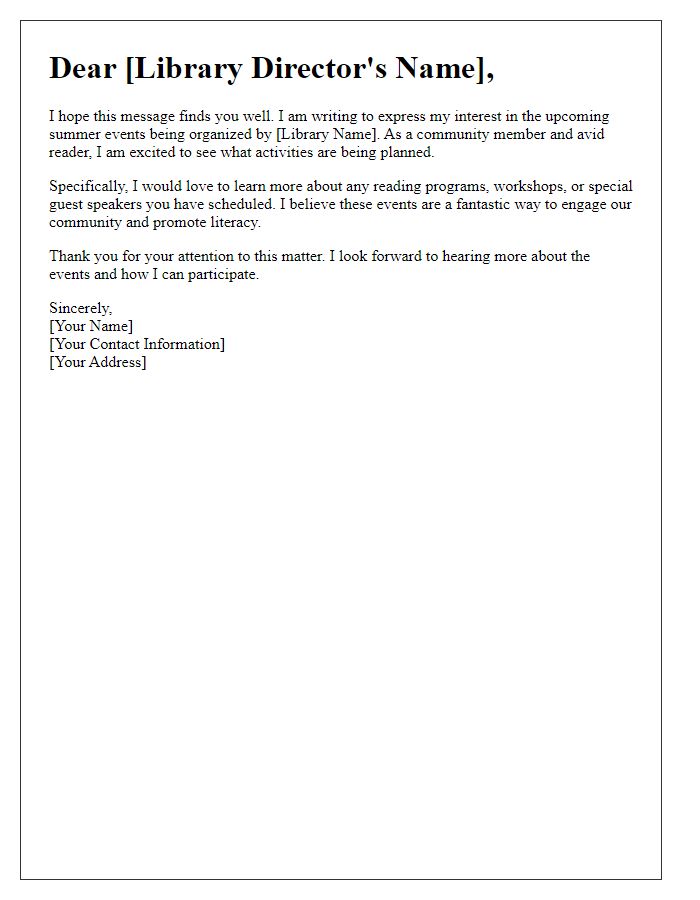 Letter template of interest in library summer events