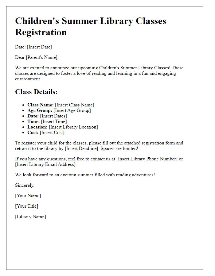 Letter template of registration for children's summer library classes