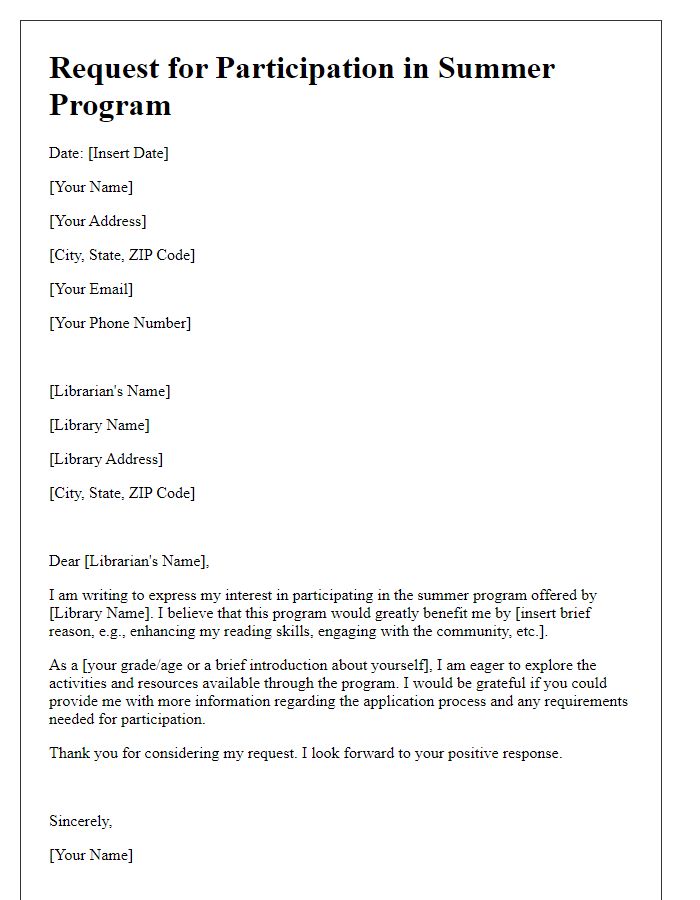 Letter template of request for library summer program participation