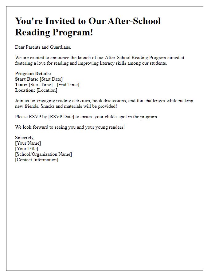 Letter template of after-school reading program invitation