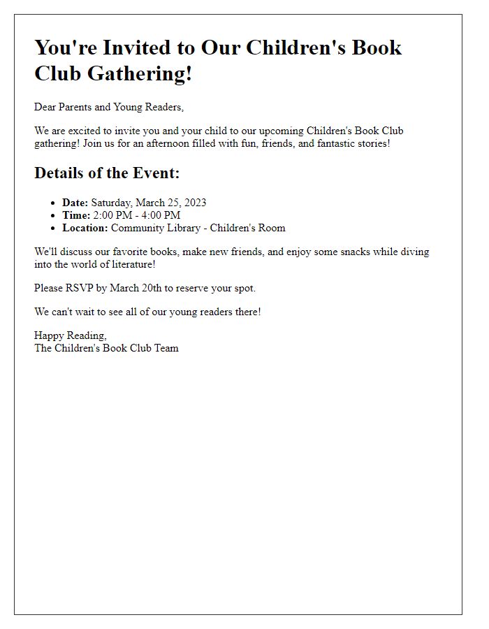 Letter template of children's book club gathering invitation