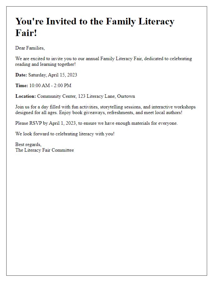 Letter template of family literacy fair invitation