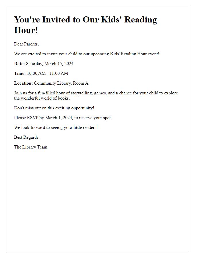 Letter template of kids reading hour event invitation