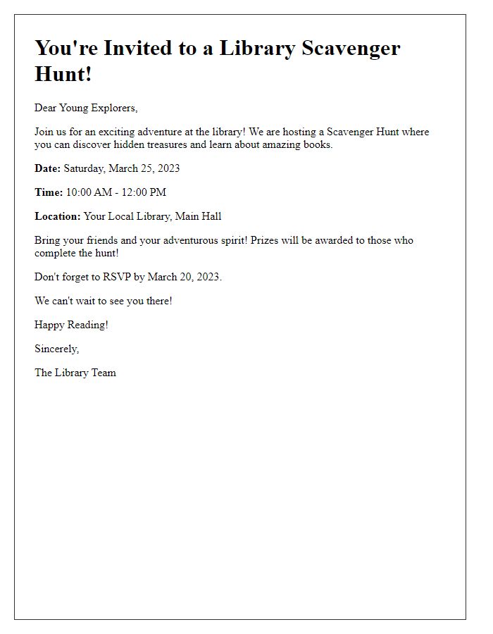 Letter template of library scavenger hunt for kids invitation