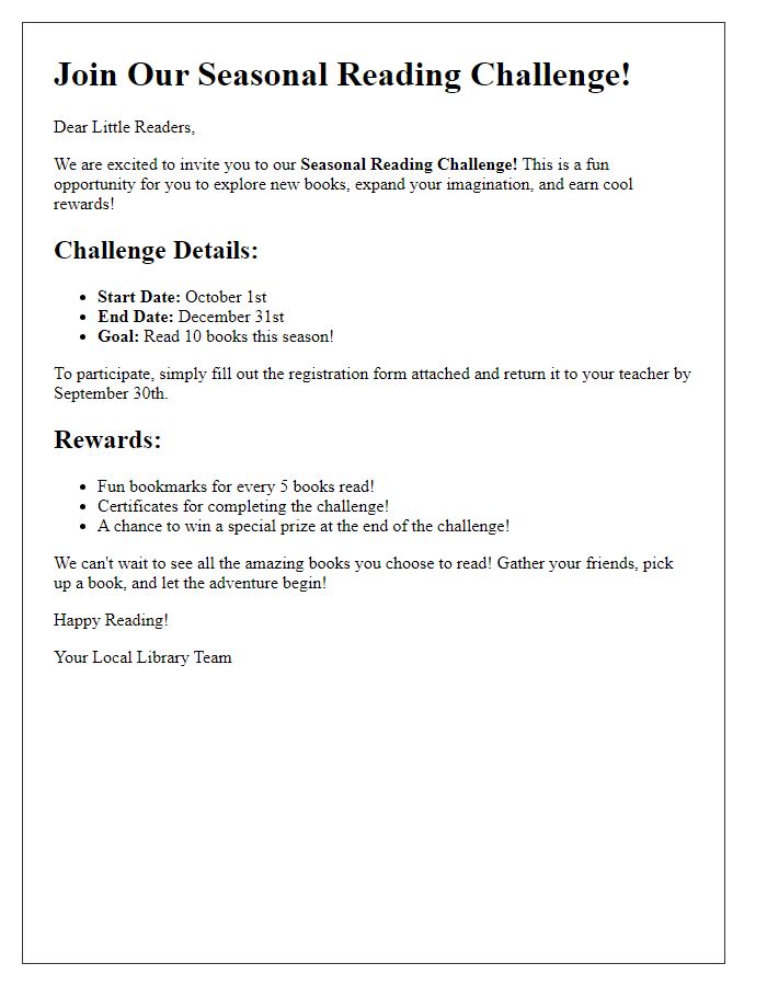 Letter template of seasonal reading challenge invitation for children