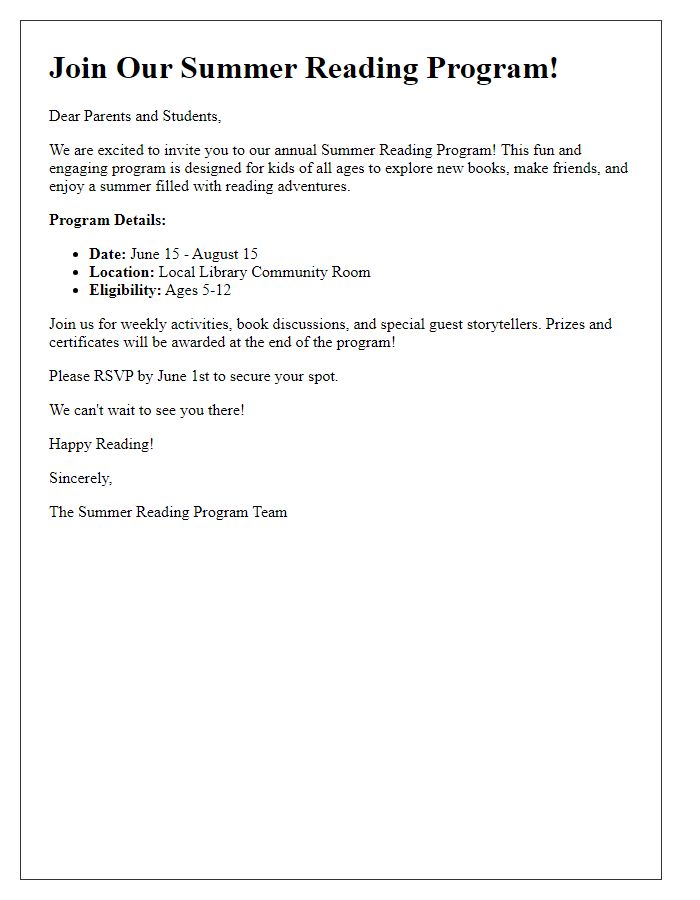 Letter template of summer reading program invitation for kids