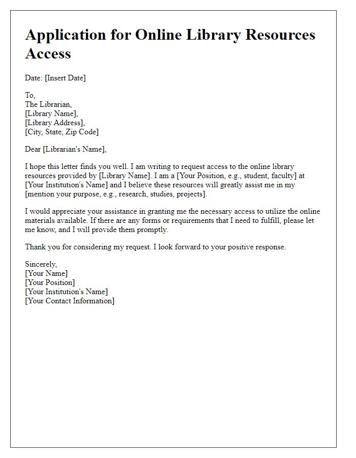 Letter template of application for online library resources access.