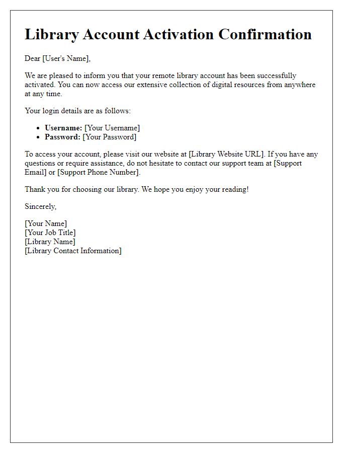 Letter template of confirmation for activating remote library account.