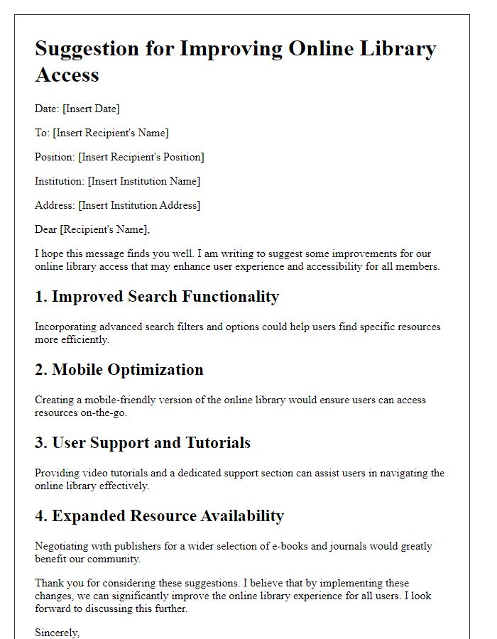 Letter template of suggestion for improving online library access.