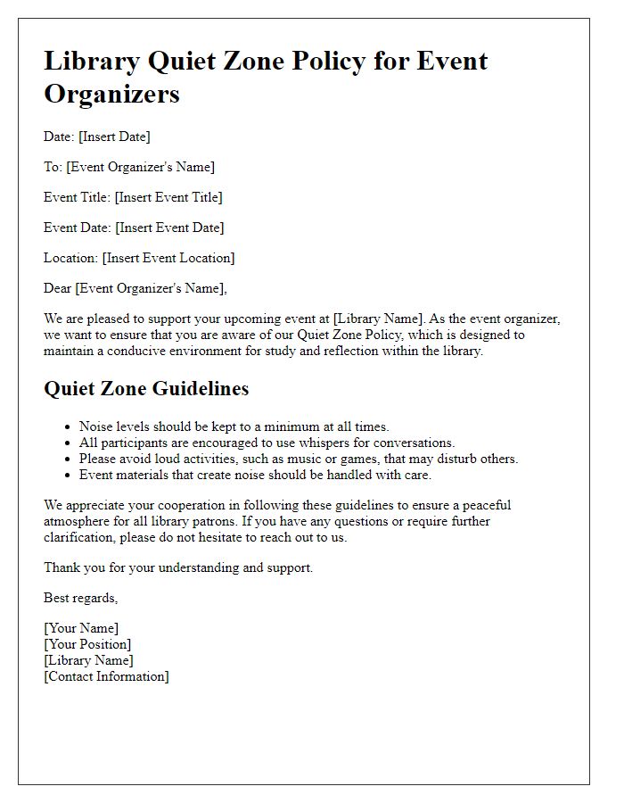 Letter template of the library quiet zone policy for event organizers