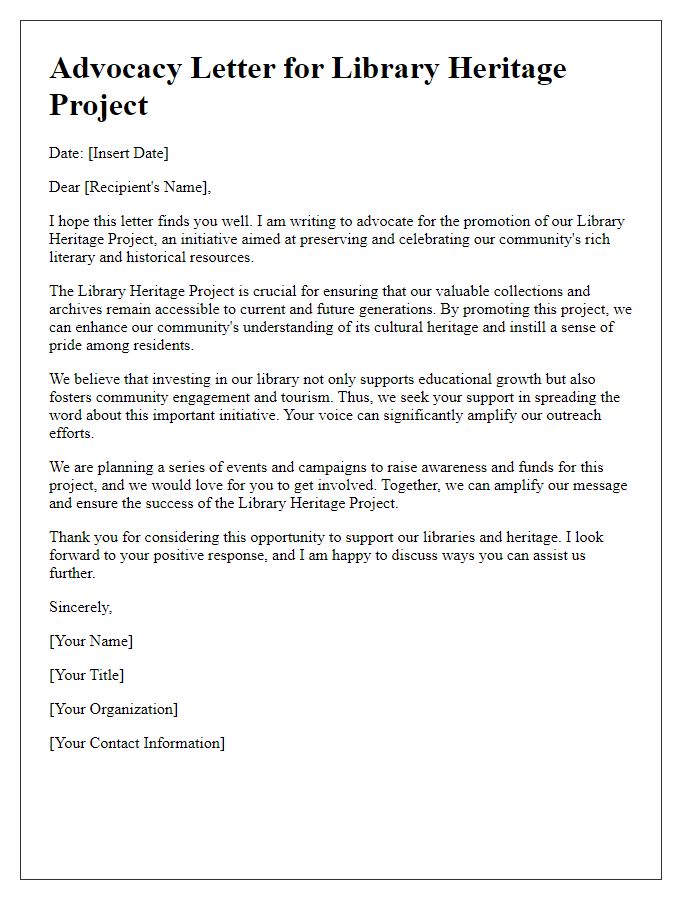 Letter template of advocacy for library heritage project promotion