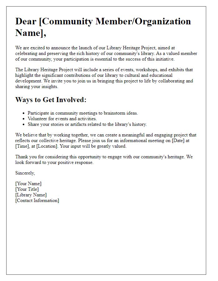 Letter template of community engagement for library heritage project promotion