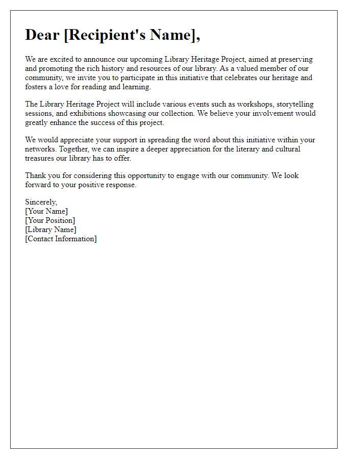 Letter template of educational outreach for library heritage project promotion