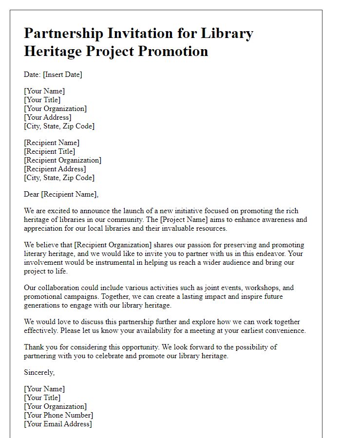 Letter template of partnership invitation for library heritage project promotion