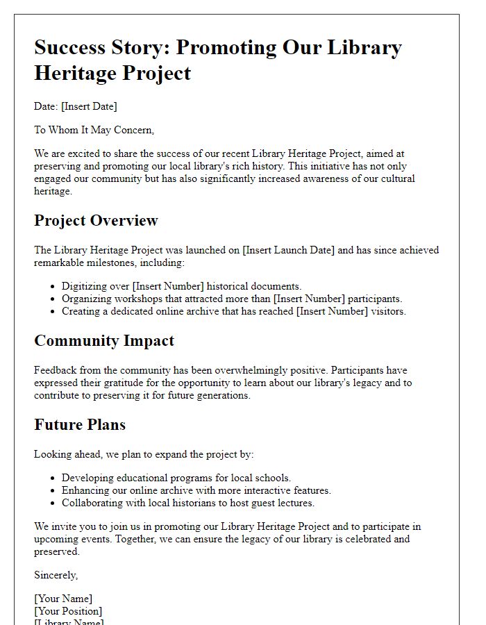 Letter template of success stories showcasing library heritage project promotion