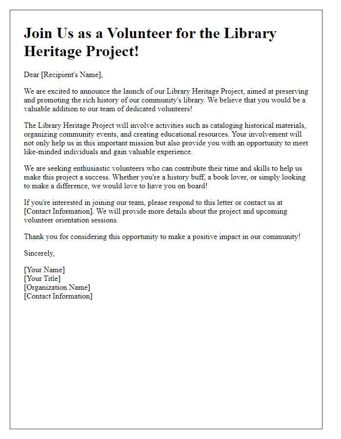 Letter template of volunteer recruitment for library heritage project promotion