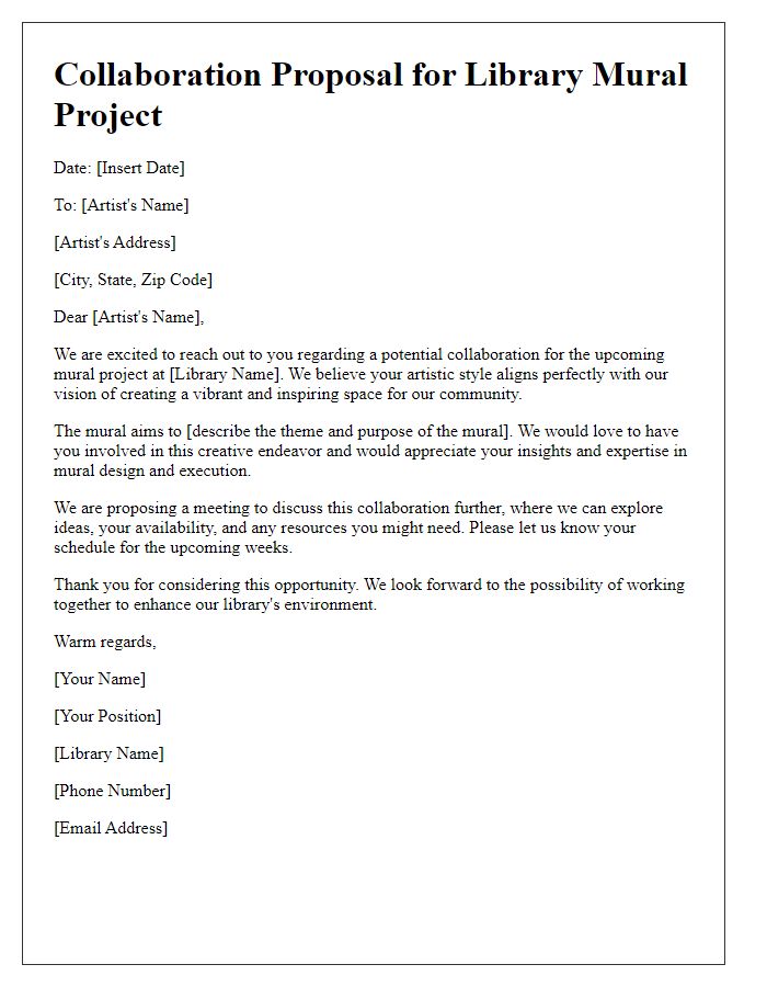 Letter template of collaboration for library mural project artists