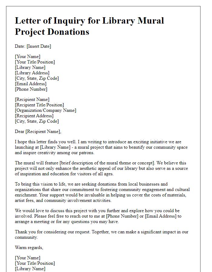 Letter template of inquiry for library mural project donations