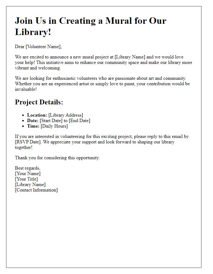 Letter template of outreach for library mural project volunteers