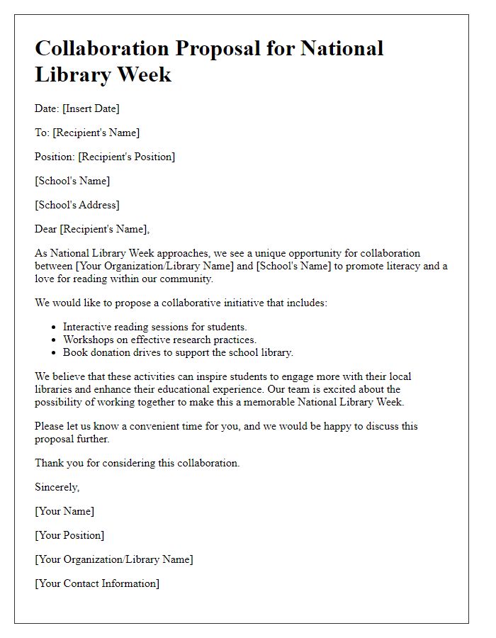 Letter template of collaboration proposal for schools during National Library Week