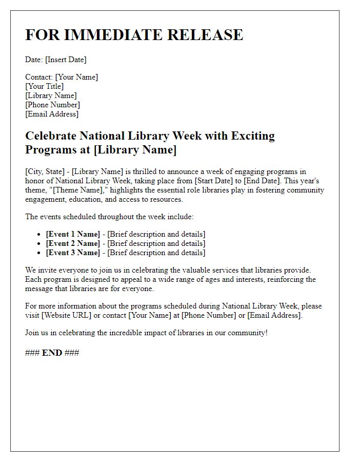 Letter template of press release announcing National Library Week programs