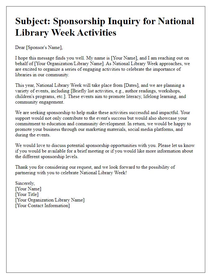 Letter template of sponsorship inquiry for National Library Week activities